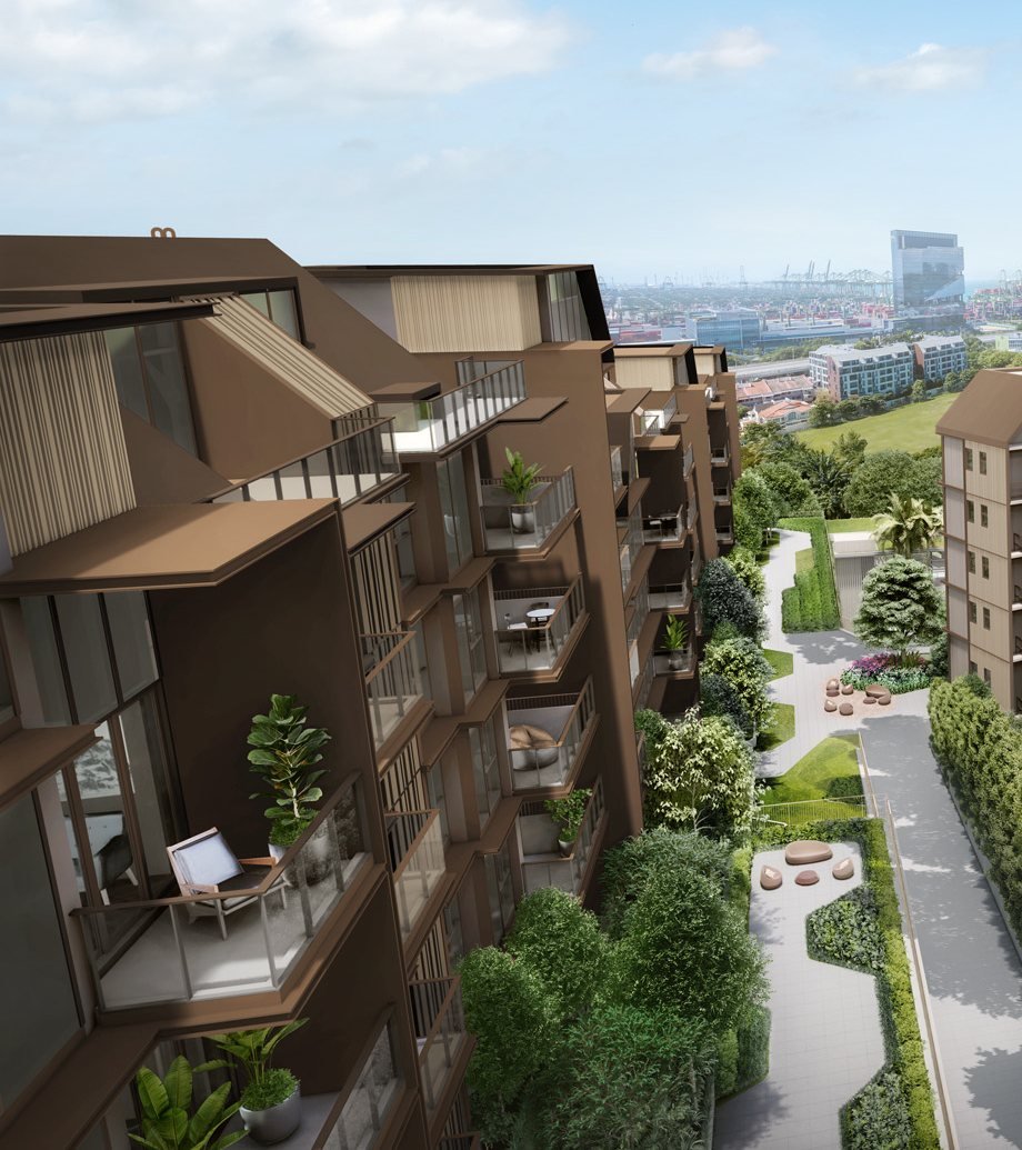 A Terra Hill block close to, the dark chocolate facade with its horizontal ledges and full-height glazing - artist's impression