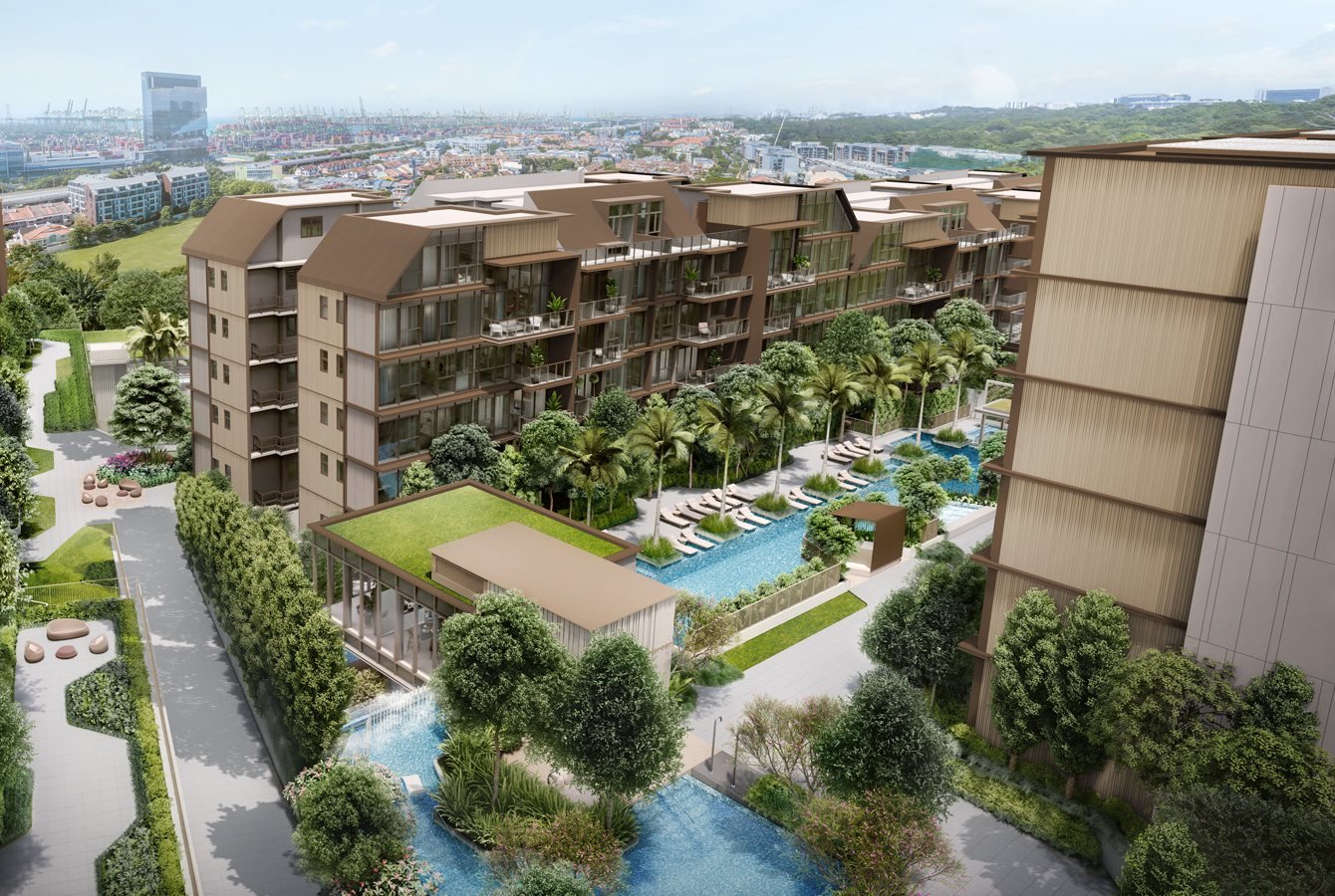 The courtyard at Terra Hill, looking along the lap pool between the blocks towards Terra House - artist's impression
