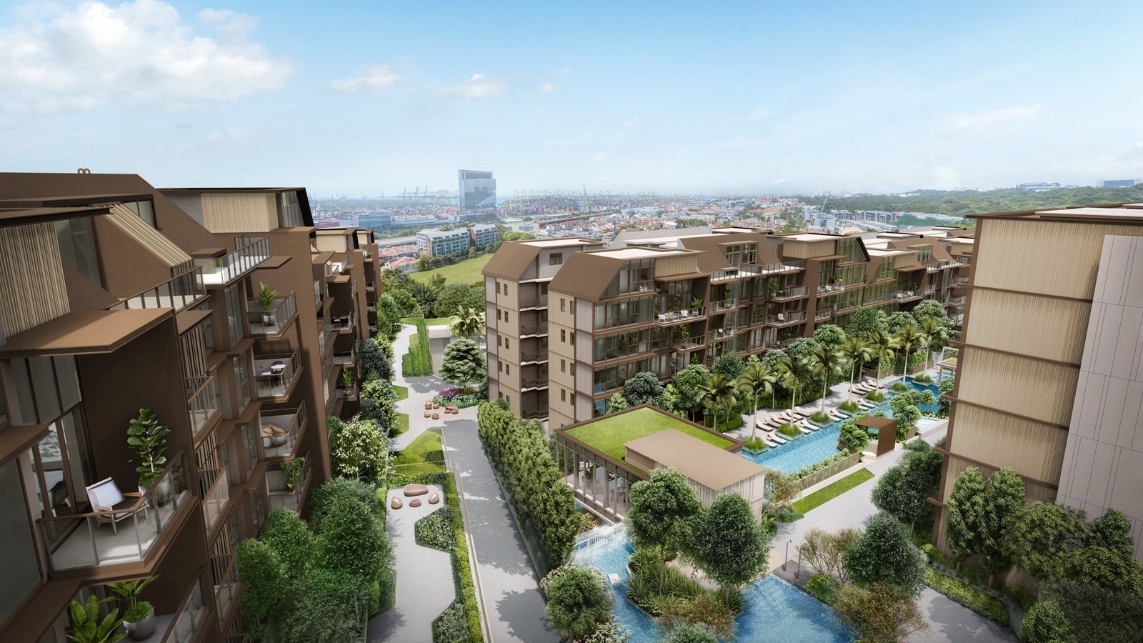 Terra Hill seen from above - nine five-storey blocks in dark chocolate and grey stepping down a hillside above Pasir Panjang, with the lap pool and Terra House at the centre