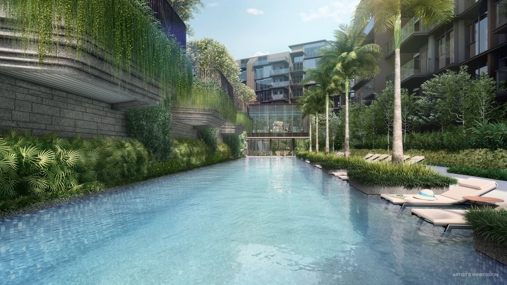 The 50m lap pool at Terra Hill, the planted hillside embankment on one side and Terra House at the far end - artist's impression