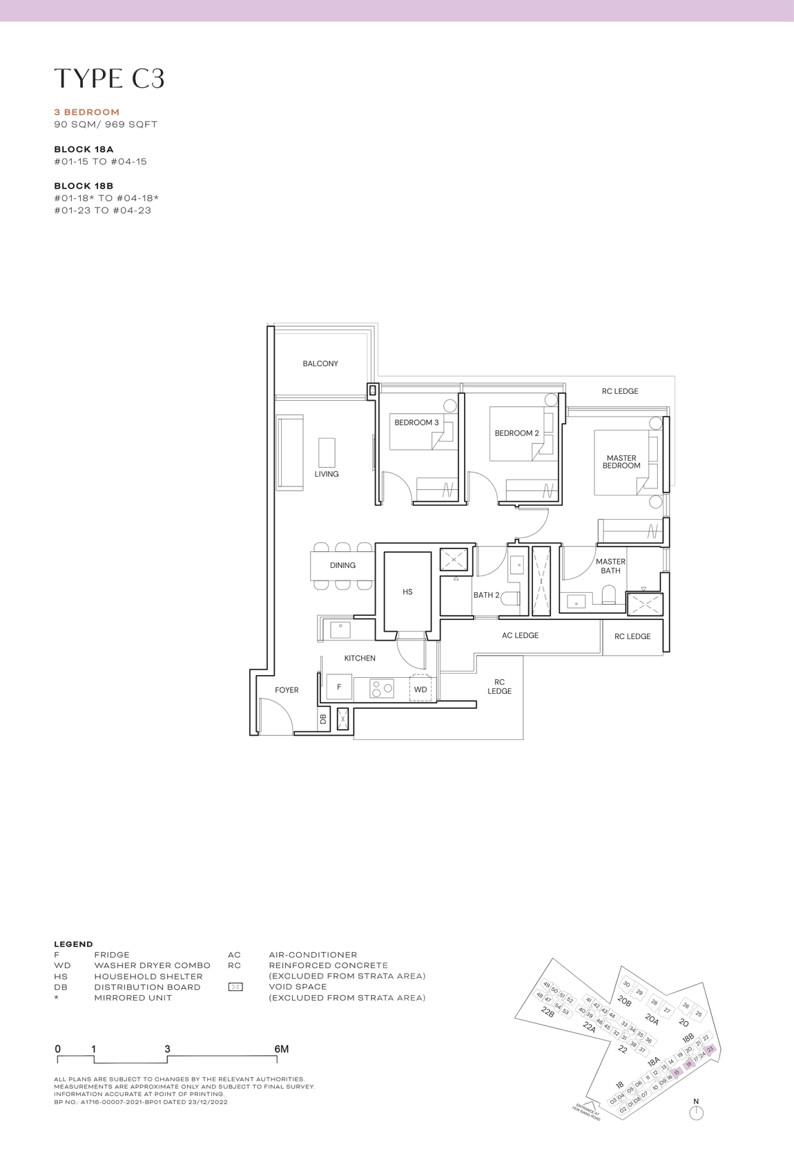 Floor plan for Terra Hill Type C3, three bedrooms, 969 sq ft