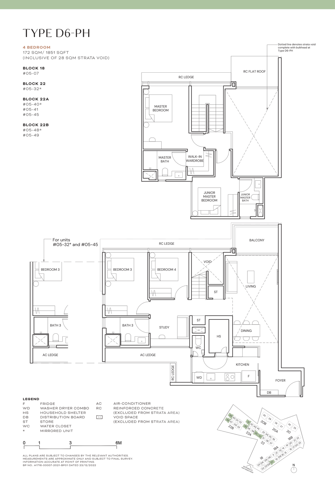 Floor plan for Terra Hill Type D6-PH, a four-bedroom penthouse, 1,851 sq ft