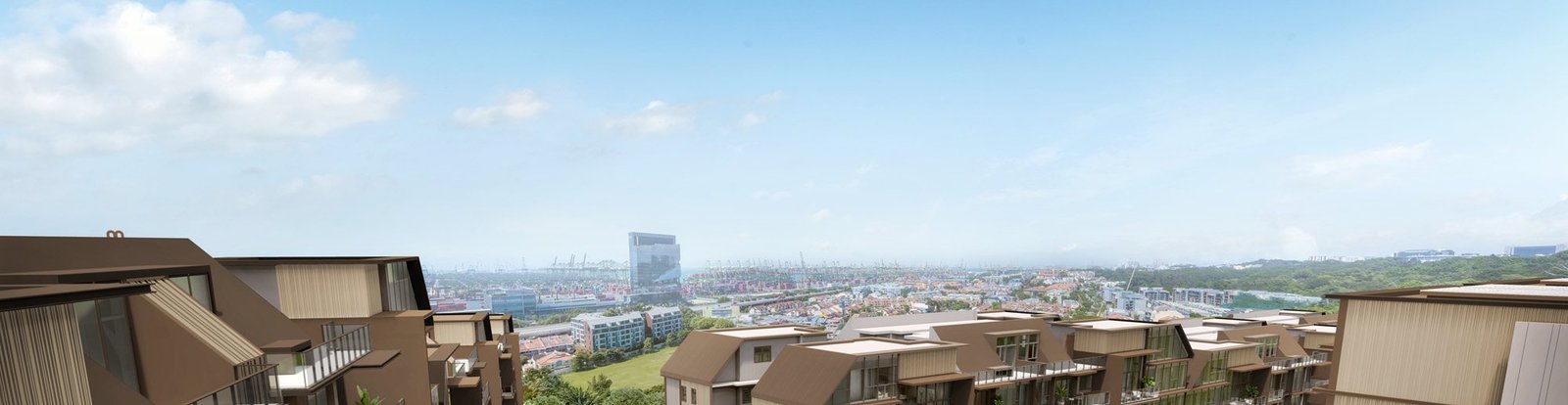 The view out from Terra Hill over the roofs of the estate towards Pasir Panjang and the sea beyond - artist's impression