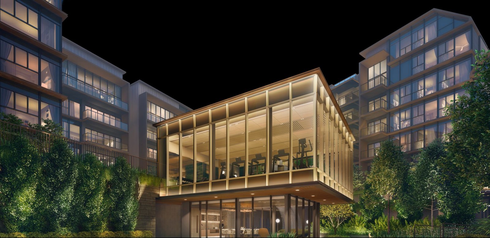 Terra House at night, the glass pavilion holding the fitness studio on its upper level, lit between two residential blocks - artist's impression